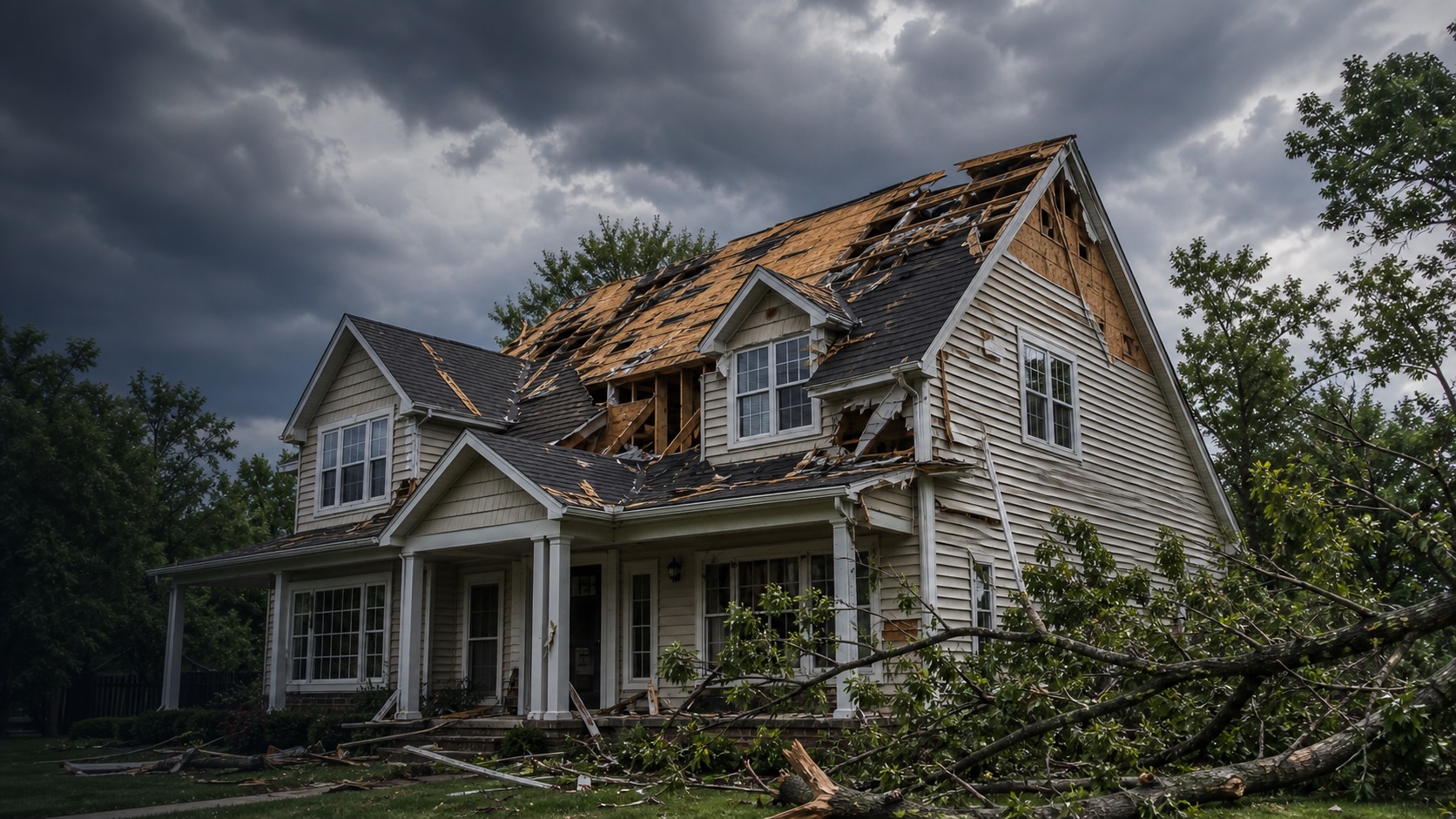 Illinois home with severe storm, roof, and fallen-tree damage